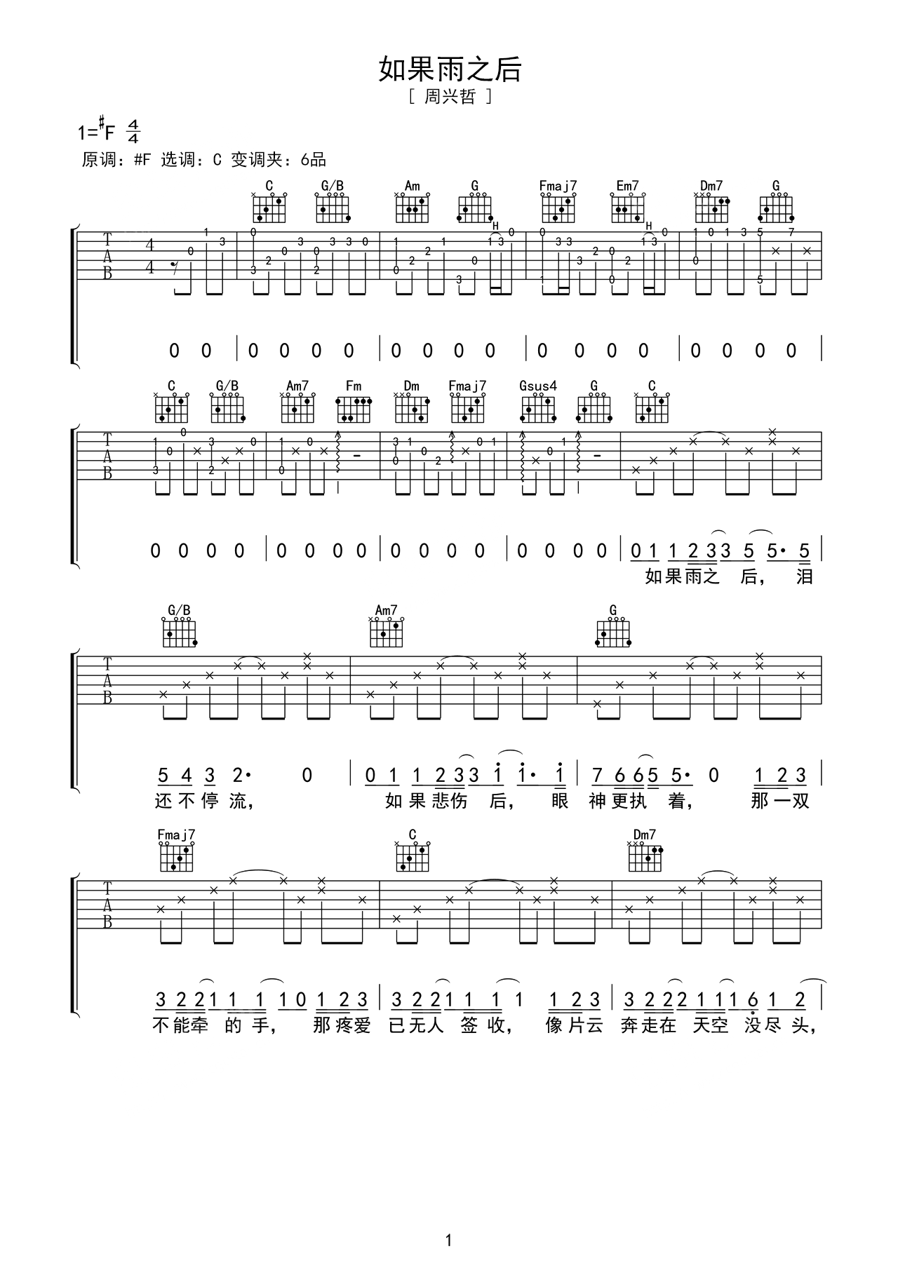 如果雨之后F#调吉他谱六线谱简谱